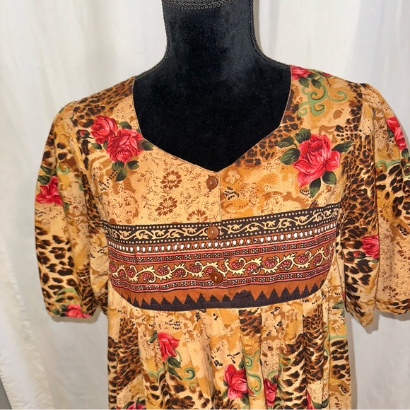 Vtg Phases Women’s House Patio Dress Size Med Cheetah Rose Print 100% Cotton - Picture 4 of 14